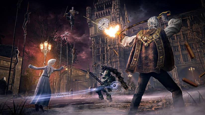 Albert, Zork, and another Bloodsworn fighting in The Duskbloods.
