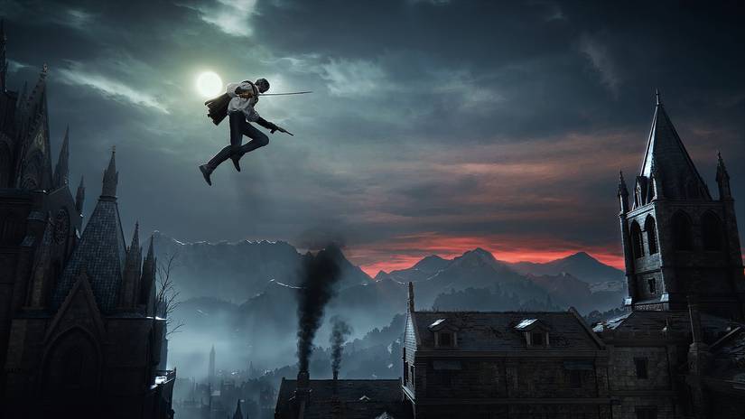 Albert jumping across rooftops in The Duskbloods.