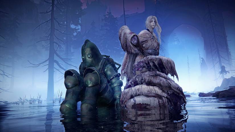 Zork and a gargoyle Kin sitting in the water in The Duskbloods.