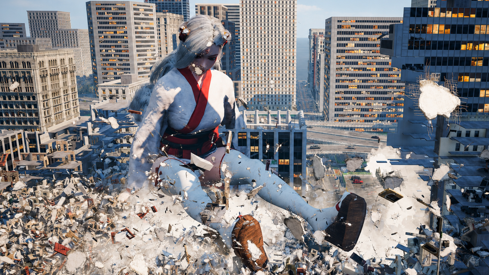 A giant lady seatdropping crushing a city.