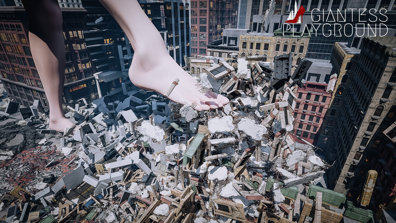 A pair of feet crushing a city.