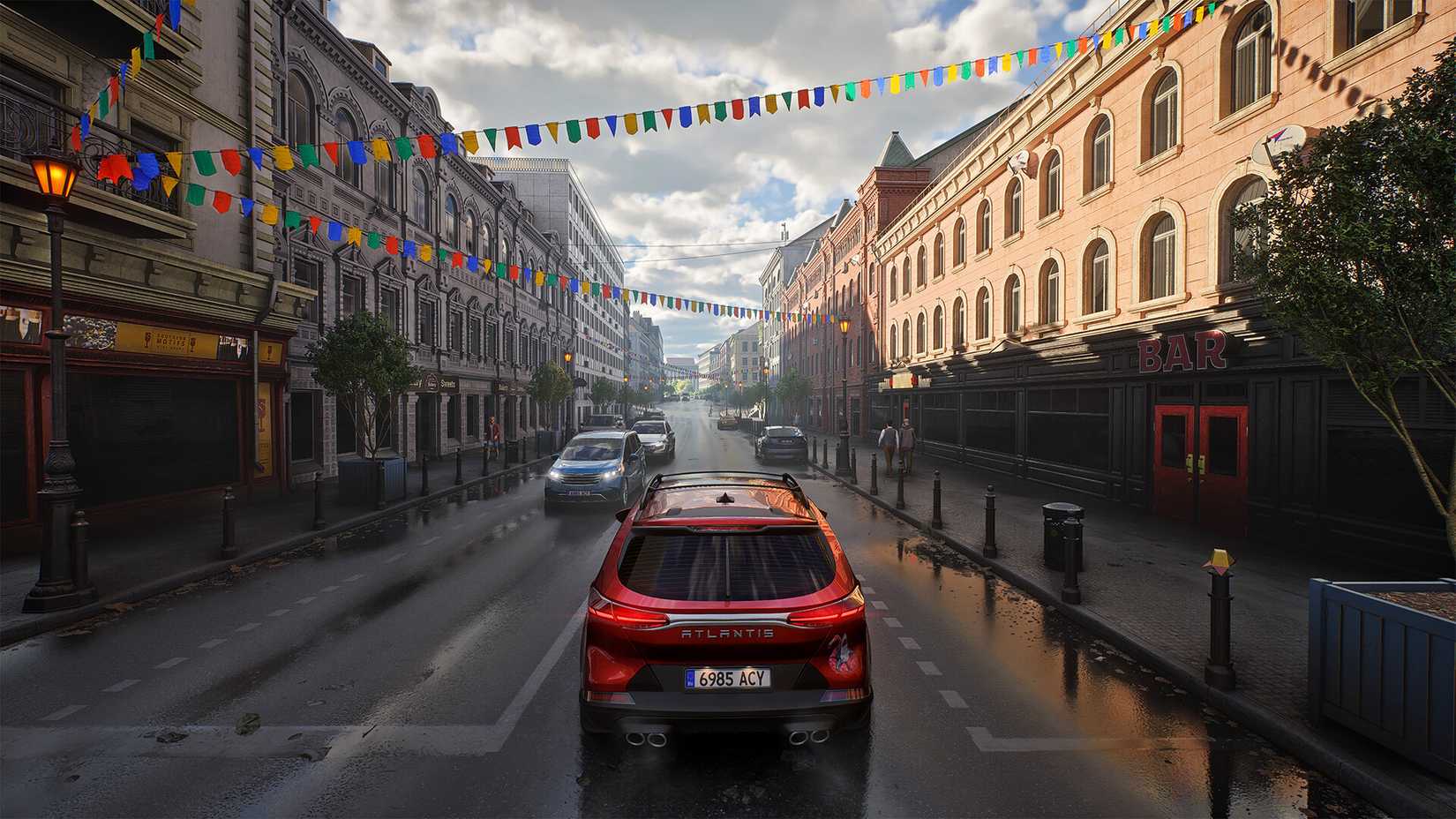A car driving down a city street in Rideshare Stimulator.