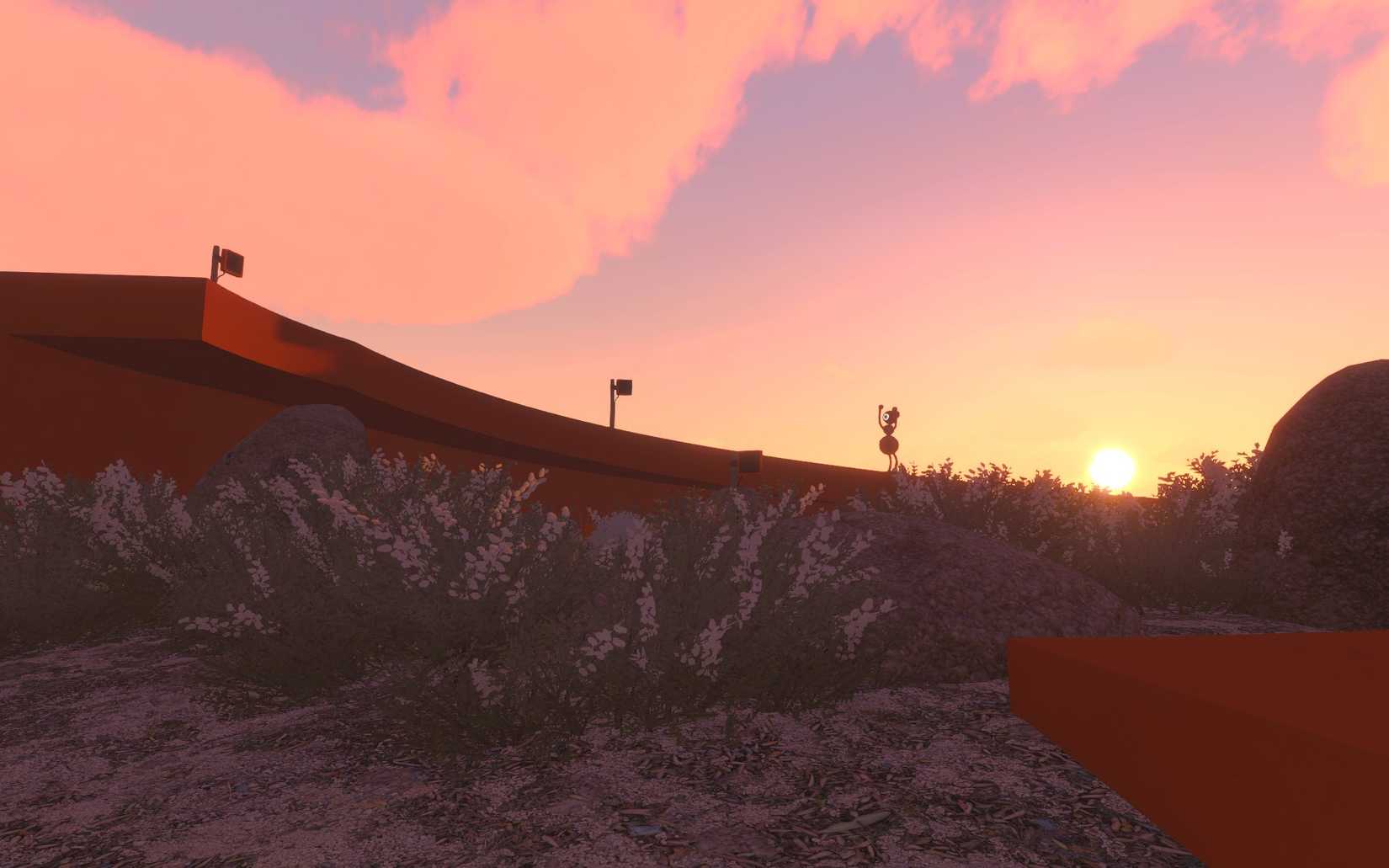 A character from Big Walk on an orage platform at sunset, holding their arms in the sky.