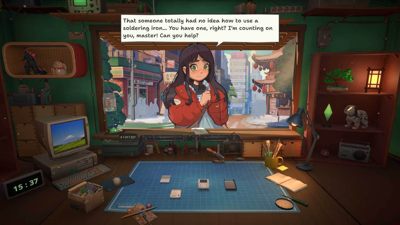 A character in a red jacket talking to the player in Restory.
