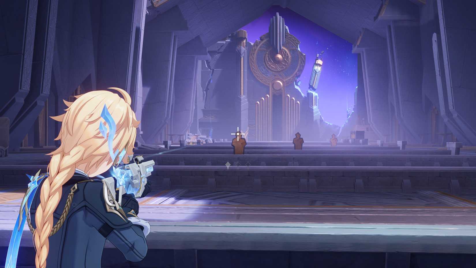 Aether in his outfit from Snezhnaya in the preview build of Genshin Impact version 7.0 at the shooting range practicing with the new gun gamplay.