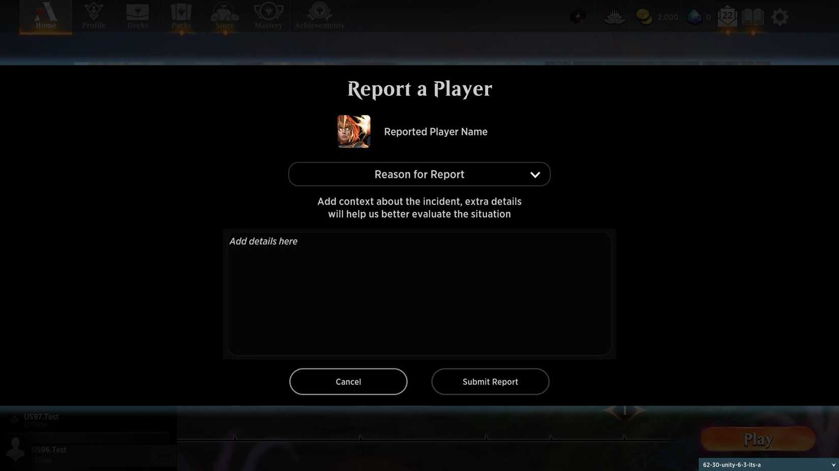 An iamge of the player reporting screen in MTG Arena.