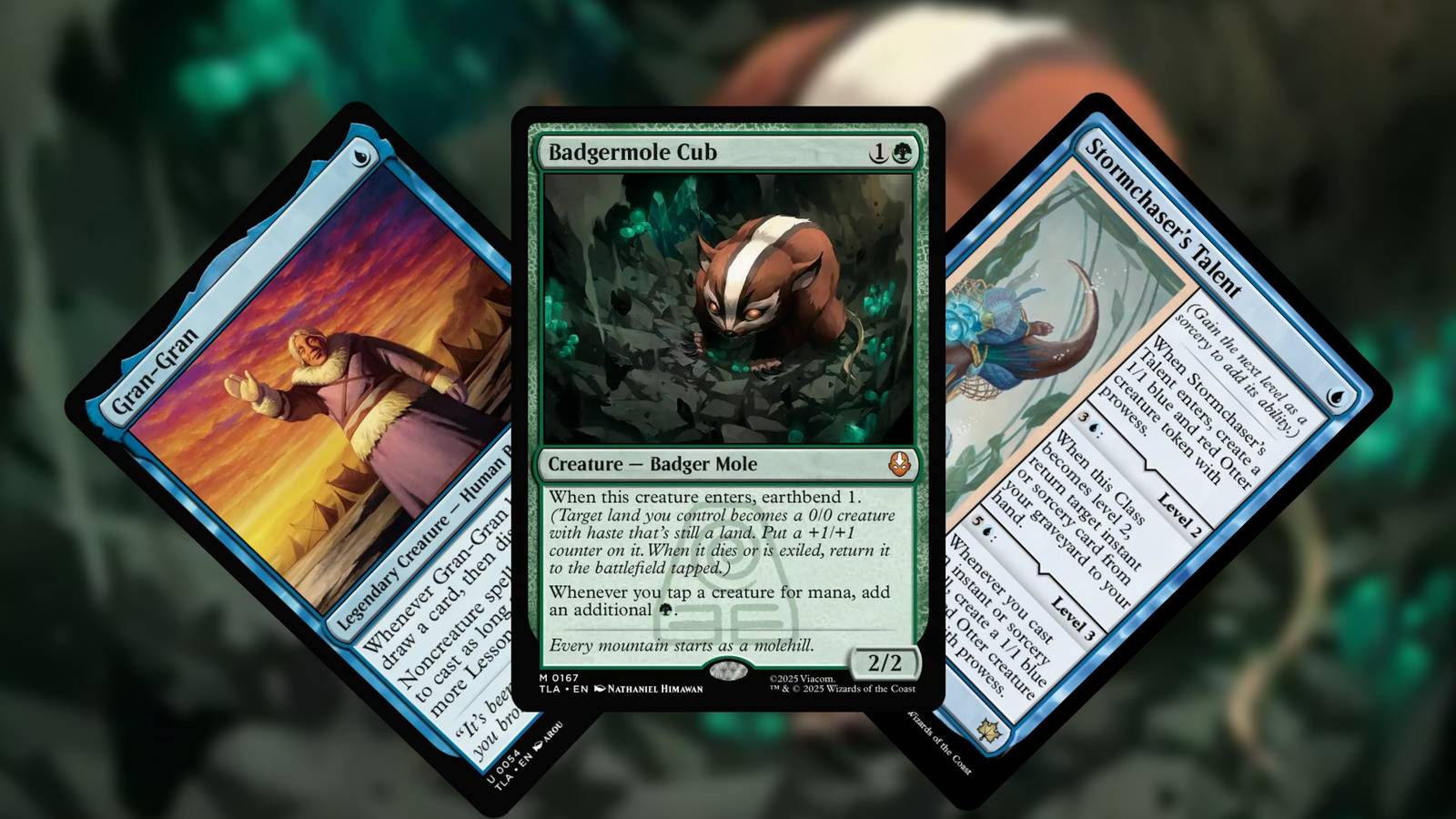 an image depicting badgermole cub, stormchaser's talent, and gran-gran MTG cards.