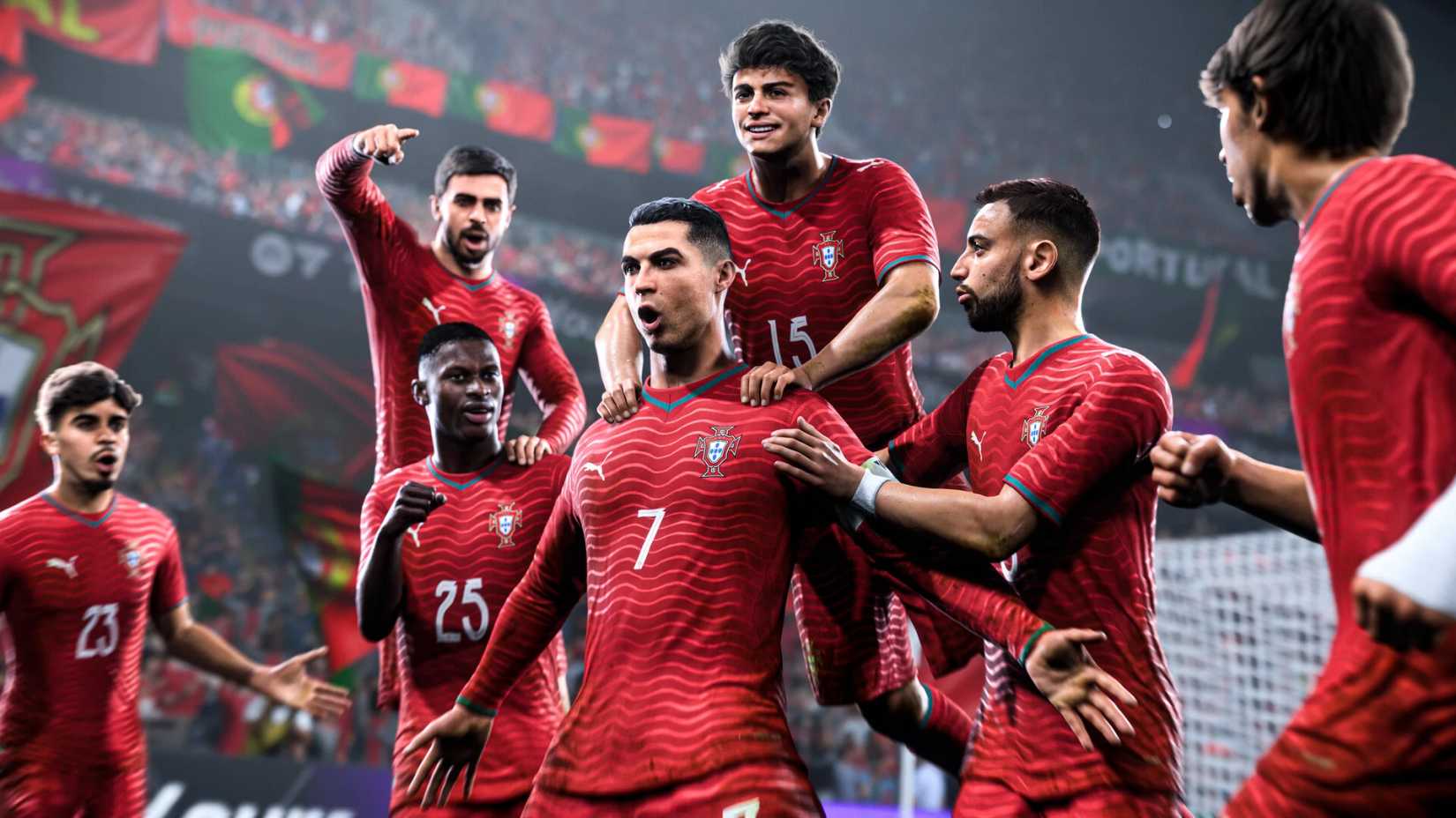 An image of Cristiano Ronaldo celebrating a goal currounded by his Portuguese national teammates in FC 27.