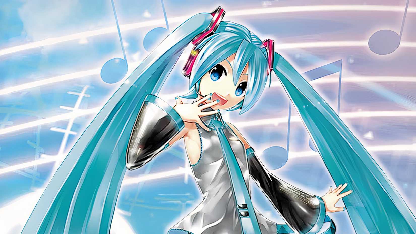 An image of Hatsune Miku playfully dancing with her hand up to the side of her face.