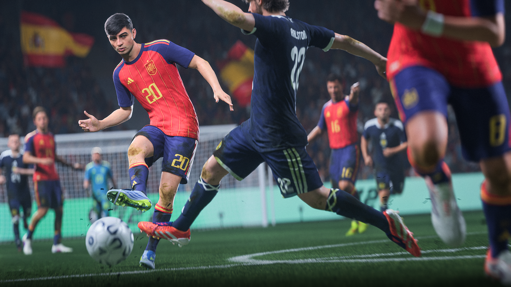 An image of Pedri in his Spanish team kit playing a through ball to a team mate in FC 27.