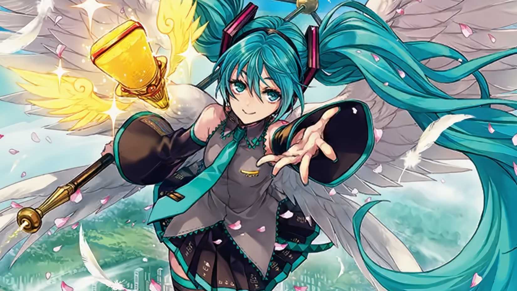 An image of the artwork from Archangel of Tunes from the Hatsune Miku MTG commander deck.