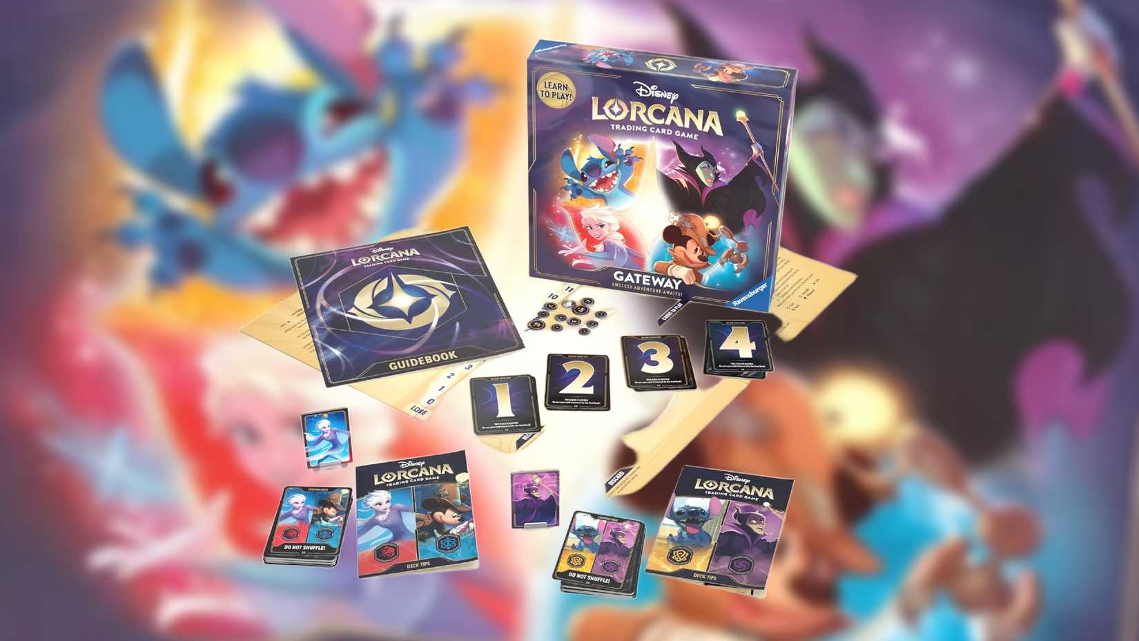 An image of the contents of the Disney Lorcana Gateway box.