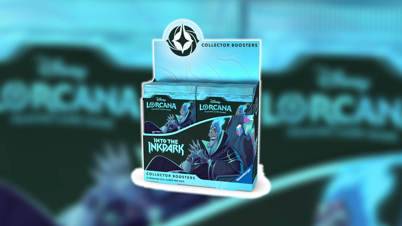 An image of the Disney Lorcana Collector Booster box artwork for Into the Inkdark.