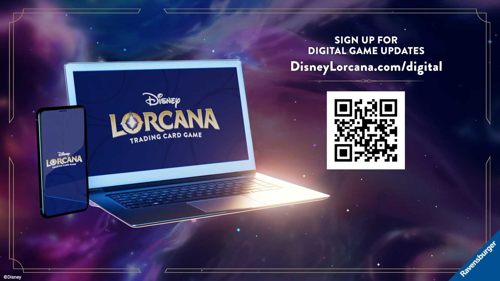 An image of the Disney Lorcana game annoucnement showing a mobile phone and laptop as well as a QR code to scan. 