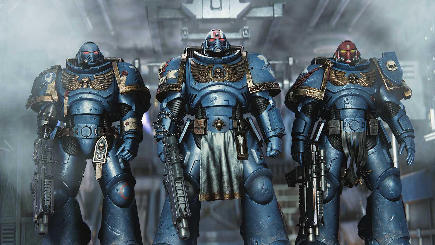An image of three ultramarines standing side by side in their bulky blue armor appearing to await landing.
