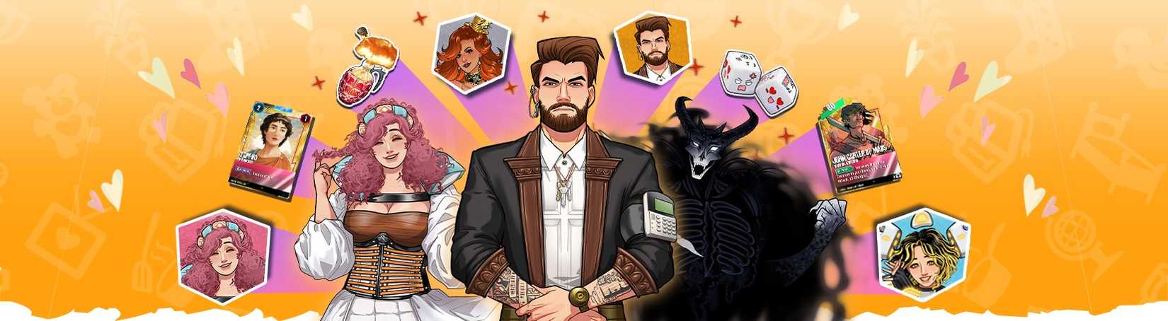 Betty, Dorian, and Shadowlord art with several bits of splash art for Wild Cards, featuring cards and emojis for the Date Everything battle pass season.-1