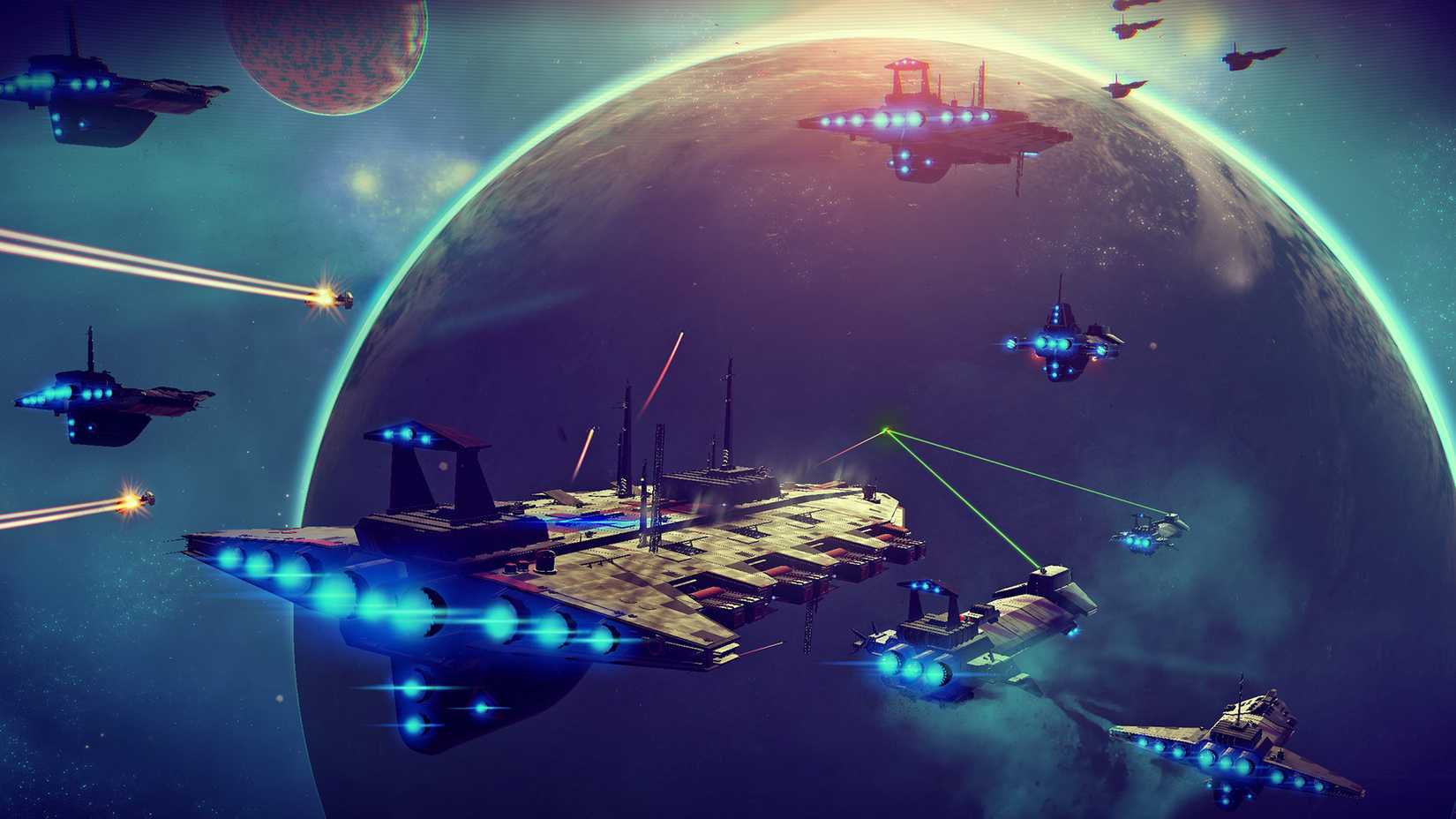 An armada of ships in No Man's Sky. 