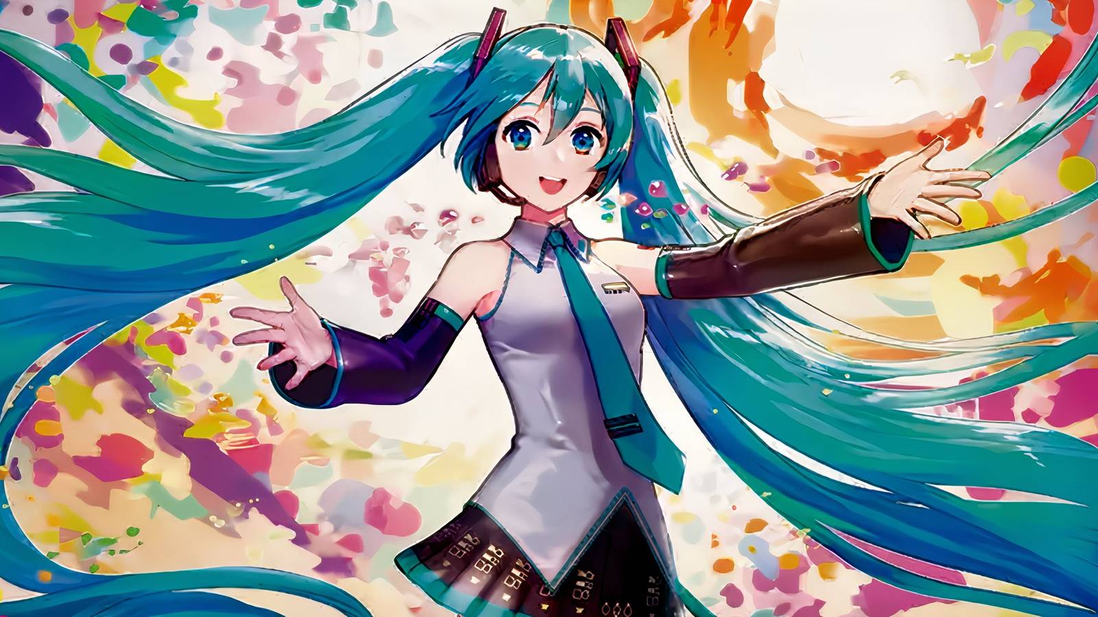 Close up artwork of the Song of the Worldsoul MTG card freaturing Hatsune Miku.