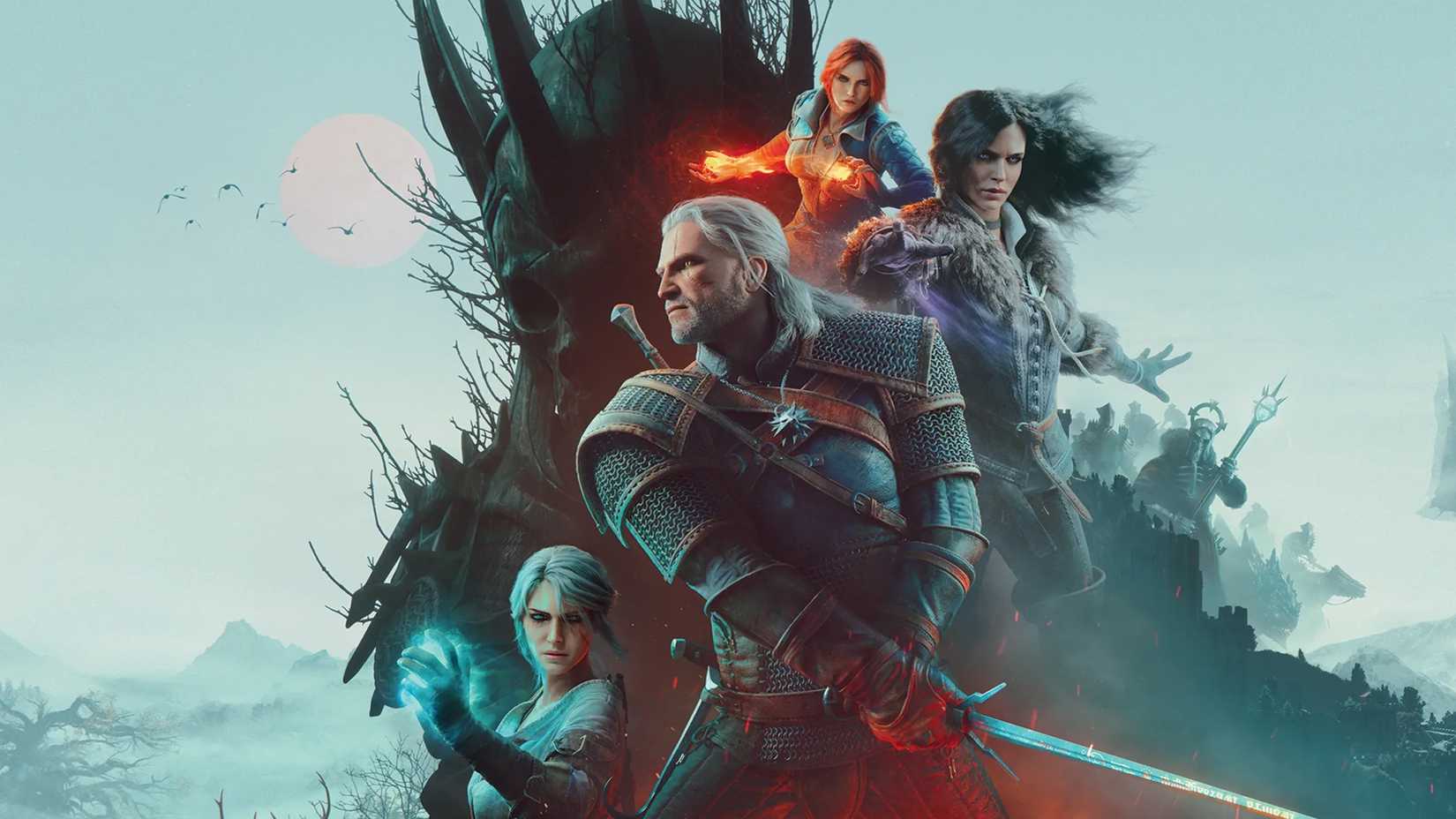 Collage of Geralt, Yennefer, Ciri, Triss, and The Wild Hunt on the cover of The Witcher 3 Remastered.