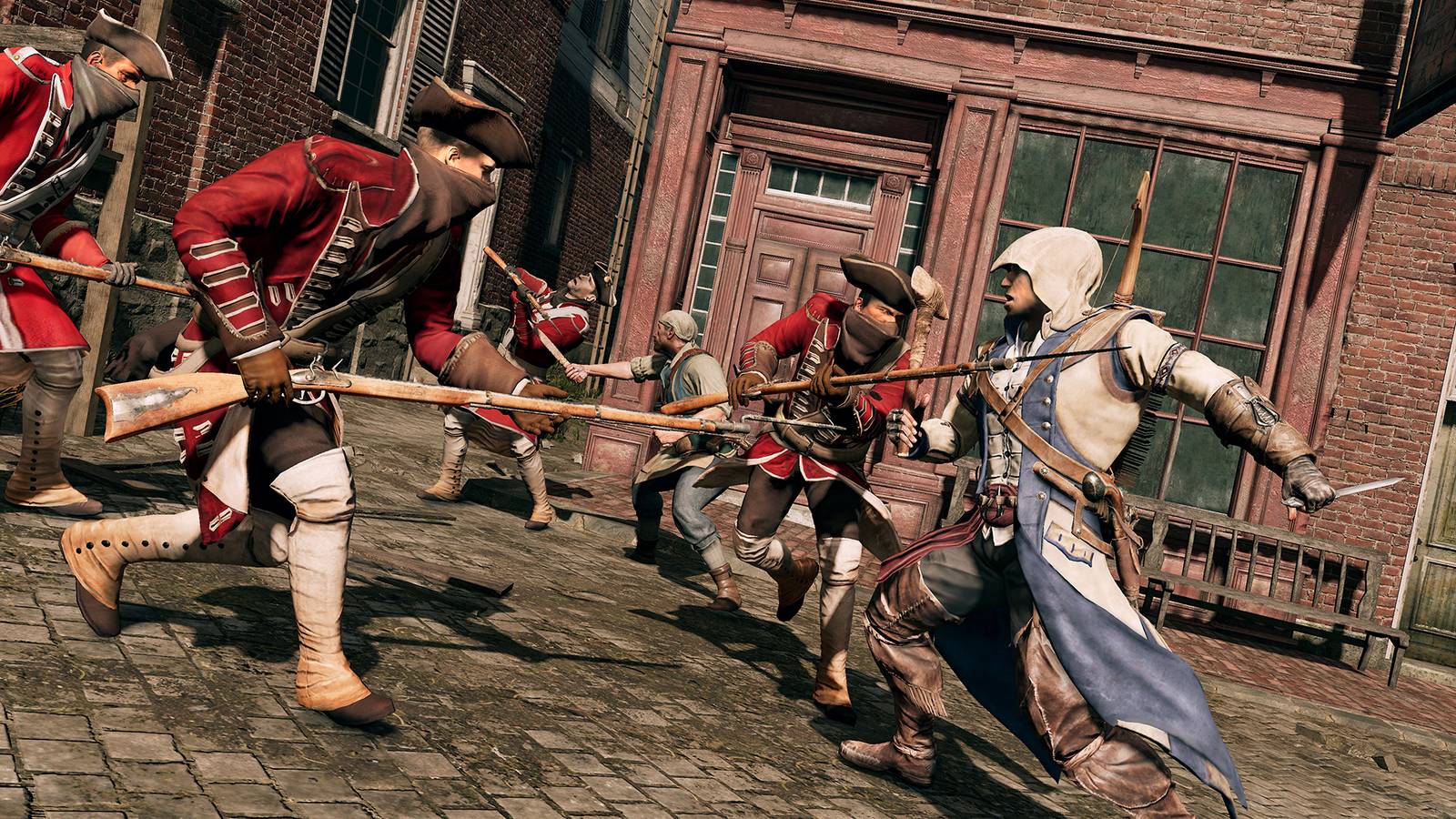Connor fighting Red Coats on the streets of Boston in the Assassin's Creed 3 remaster.