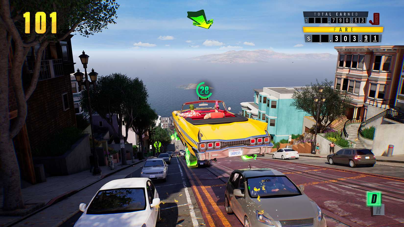 Crazy Taxi World Tour gameplay, showing a car airborn.