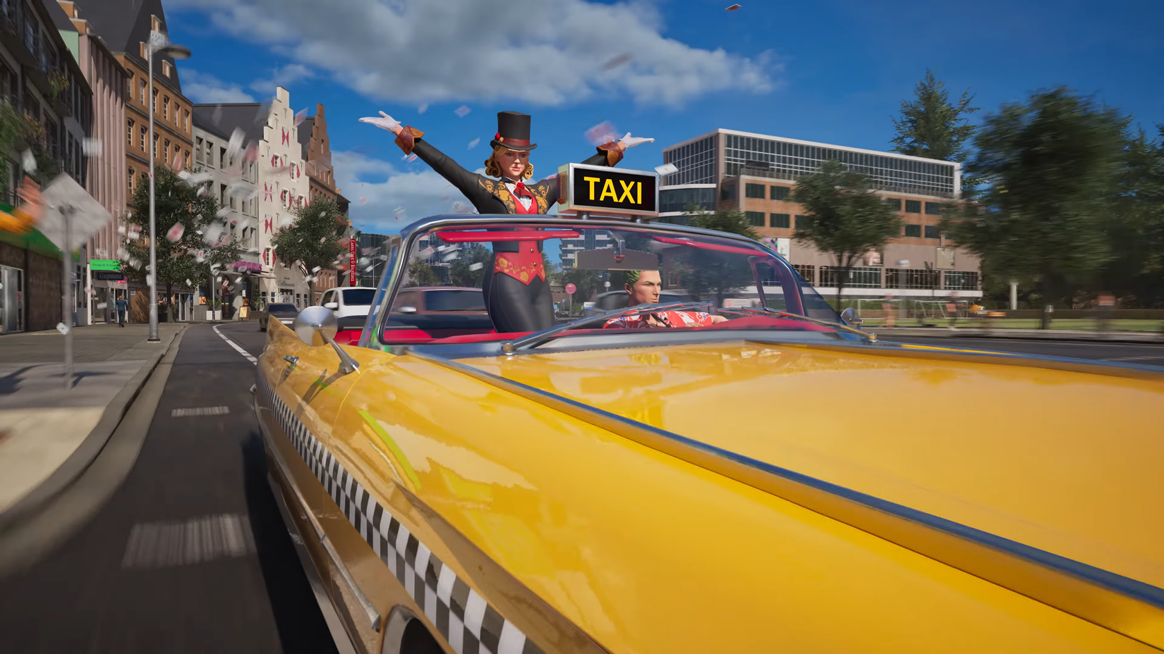 A magician standing up in a taxi next to axel in world tour.