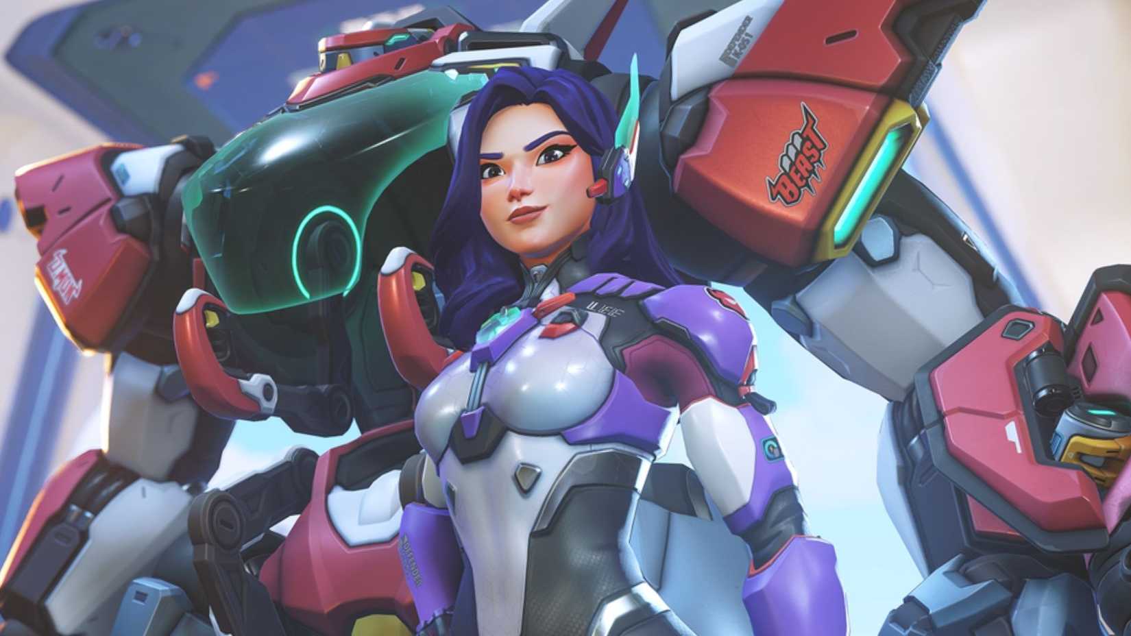 D.Mon from Overwatch posing in front of her tank.