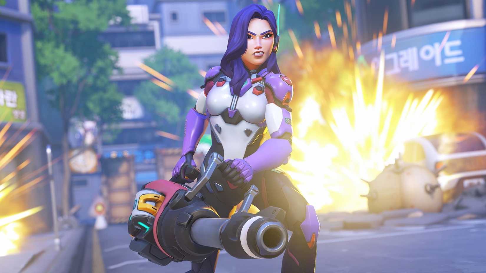 D.Mon from Overwatch posing with a gun without her tank.