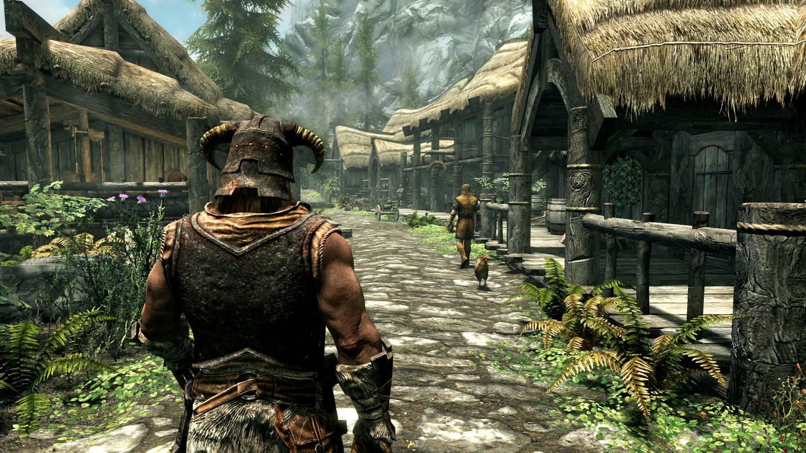 Dragonborn walking into Riverwood in Skyrim.