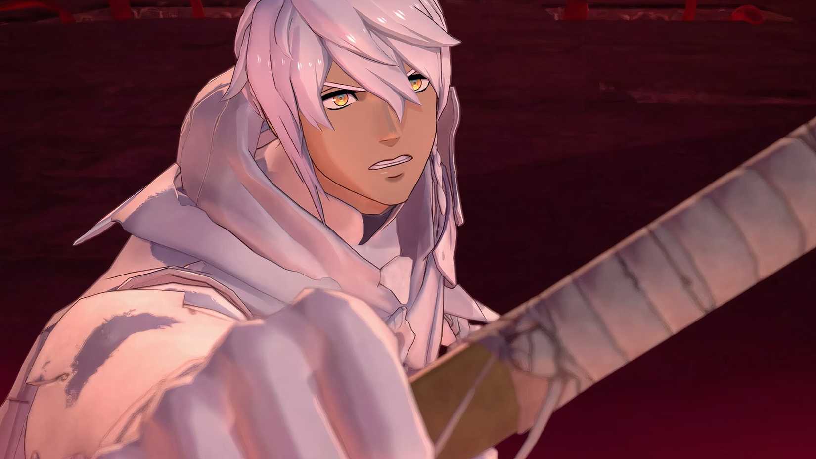 Eshmel in Fire Emblem Fortune's Weave. He is wearing full white with white hair and yellow eyes.