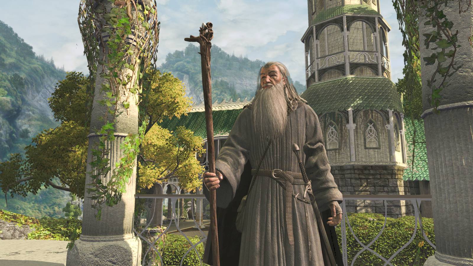 Gandalf from The Lord Of The Rings War In The North standing in an elven garden in front of a tower.