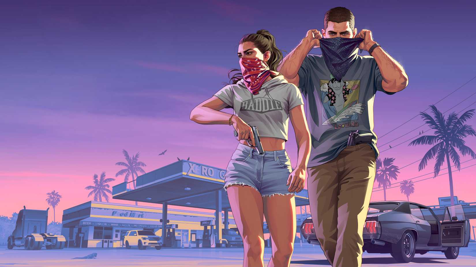 GTA 6 artwork of Jason and Lucia walking away from a gas station. Lucia is wearing a bandana and brandishing a pistol, while Jason is pulling a bandana up.