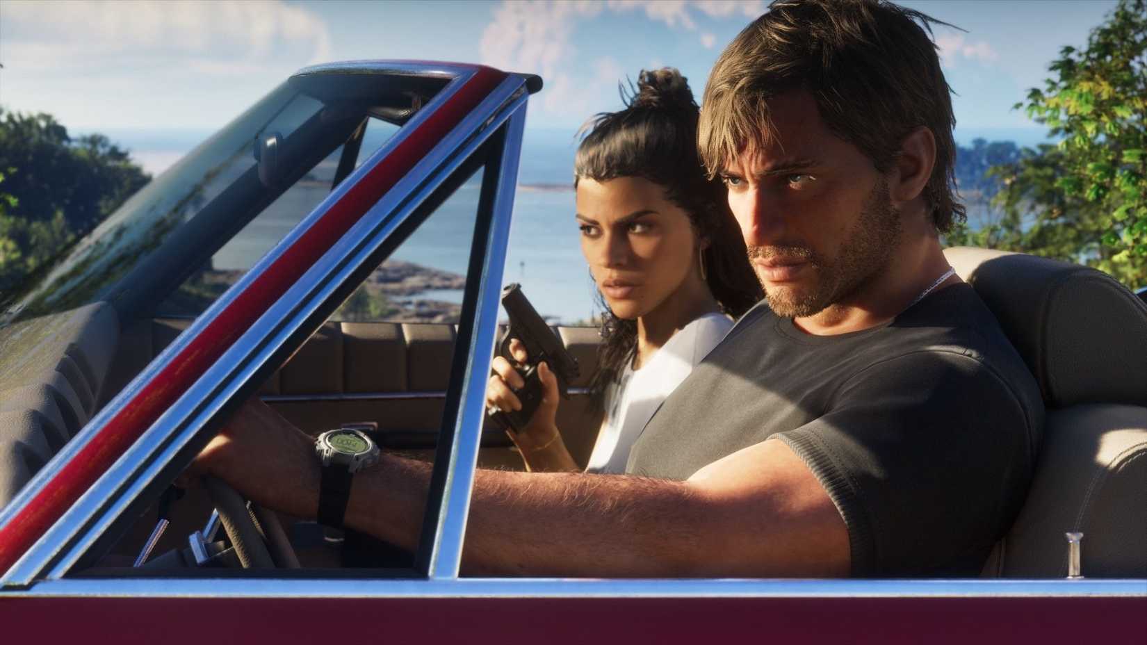 Jason and Lucia driving a car in Grand Theft Auto 6.