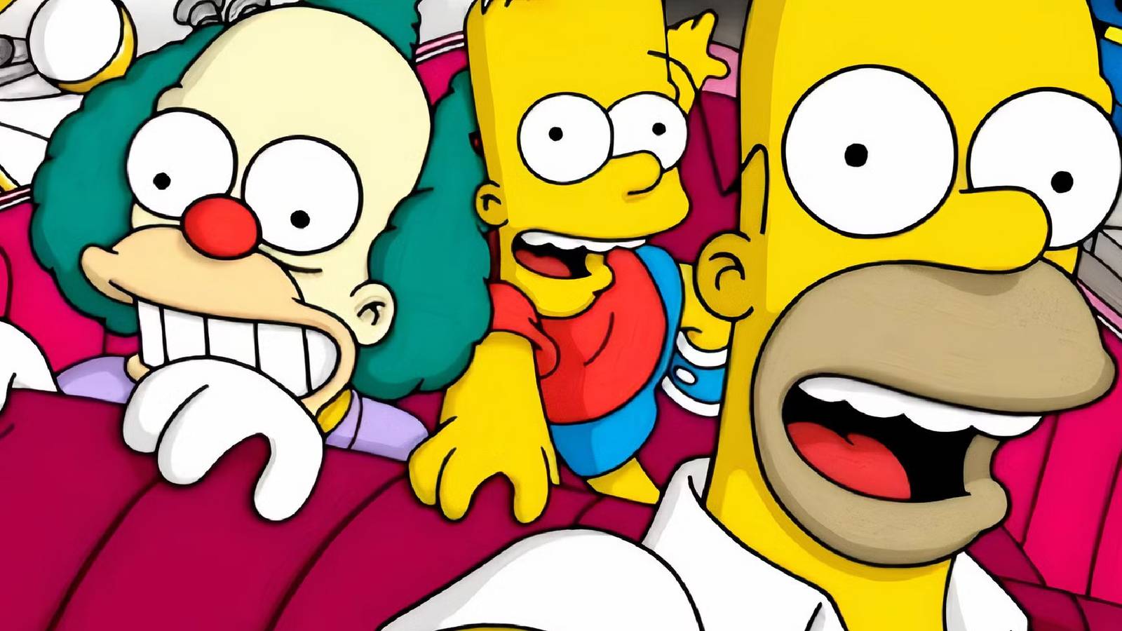 Homer driving a car with Bart and Krusty the Clown in the backseat on the cover art for Simpsons Hit & Run.