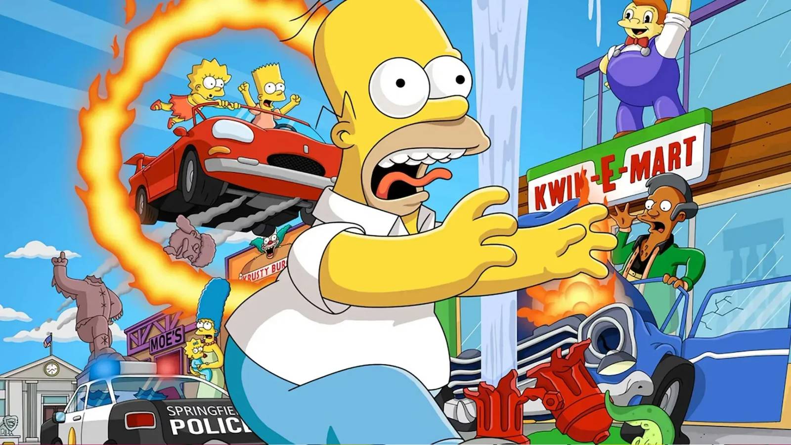 Homer running through the streets in front of the Kiw-E-Mart while Bart and Lisa fly through a portal, knocking the head off a statue in Simpons Hit & Run.