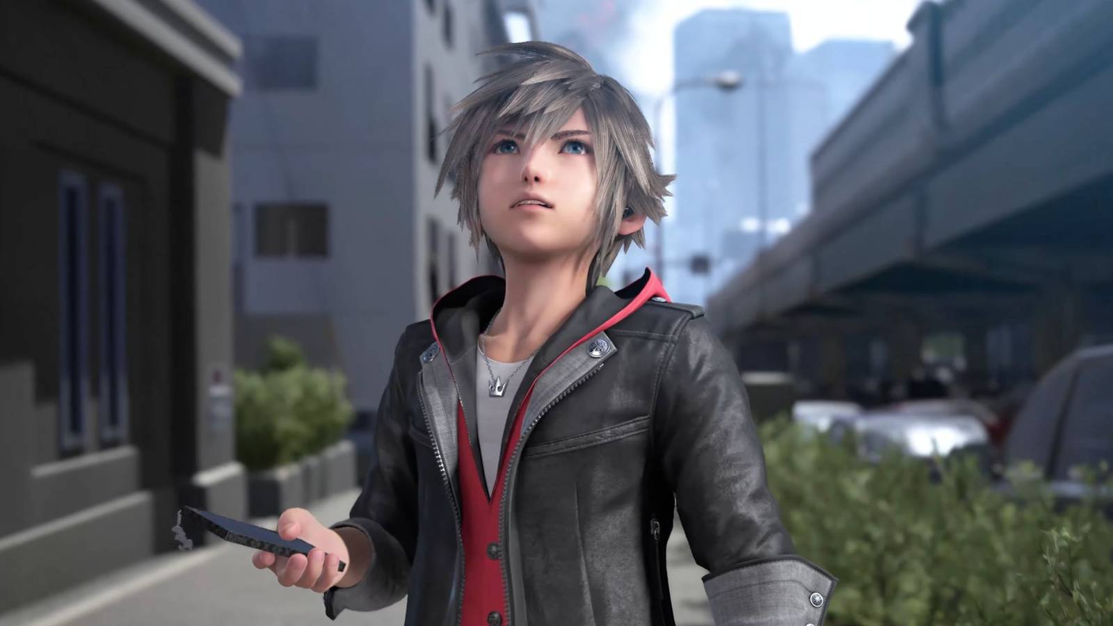 Sora looking up in Quadratum while holding a phone in Kingdom Hearts 4.