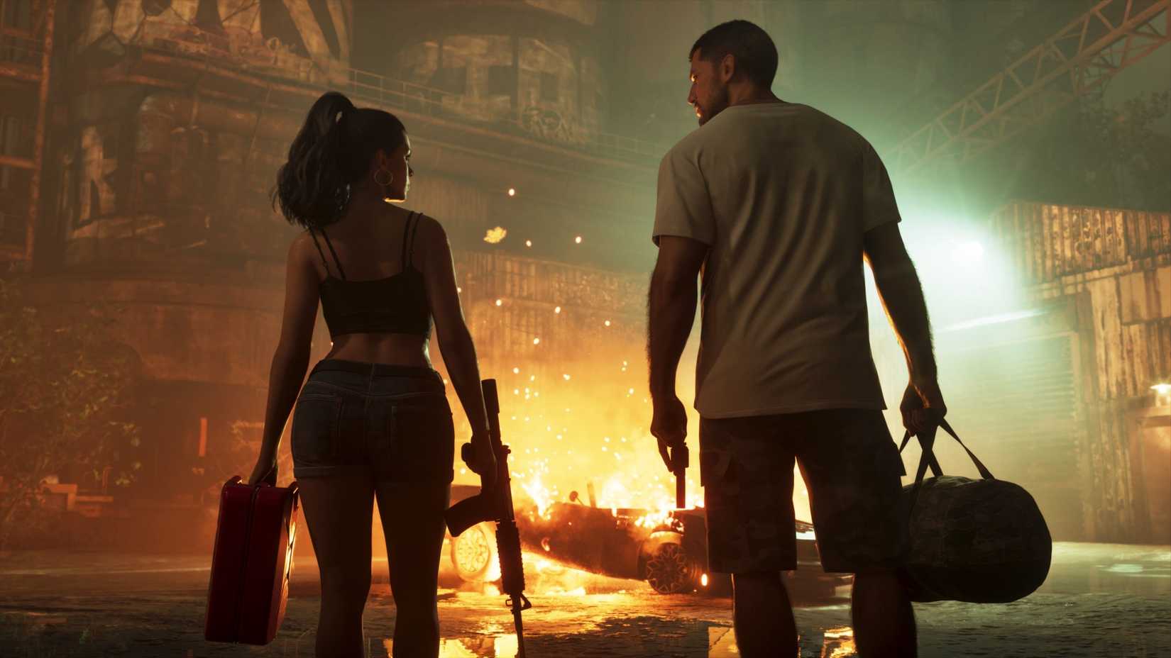 jason and lucia standing in front of a fire in gta 6.