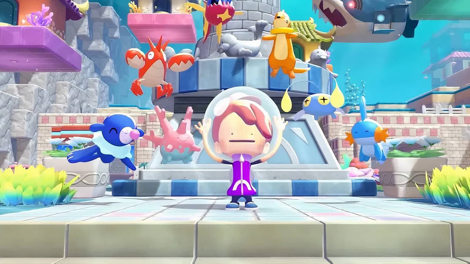 human ditto surrounded by pokemon in the bubbly basin pokopia dlc.
