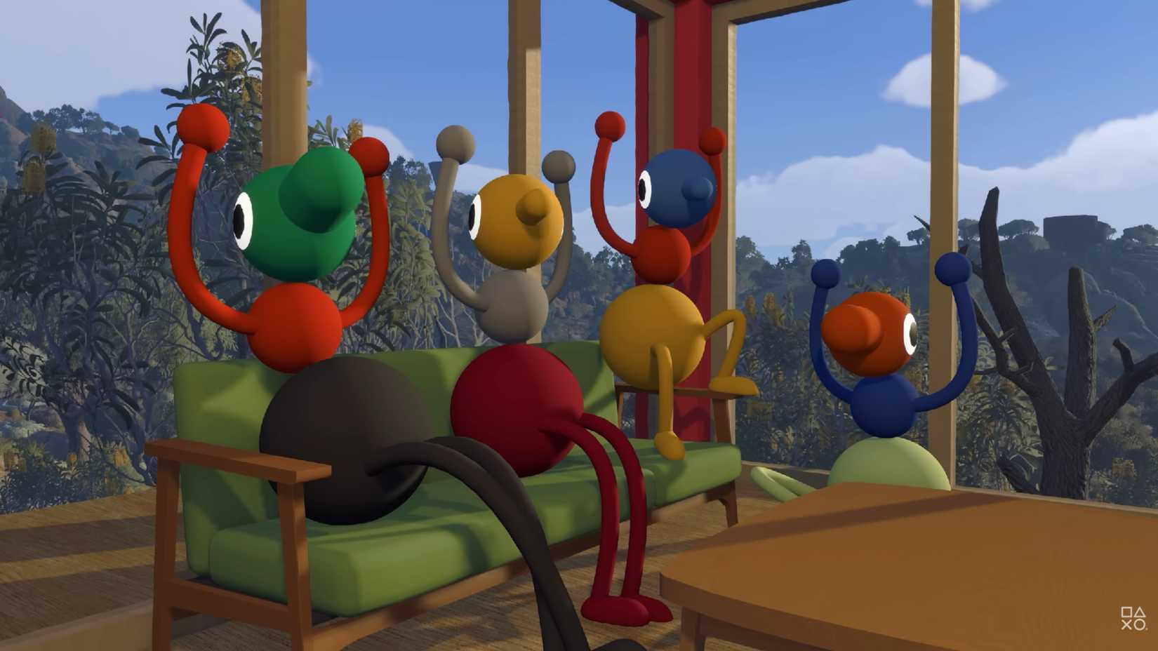 big walk characters sitting around with their arms raised.