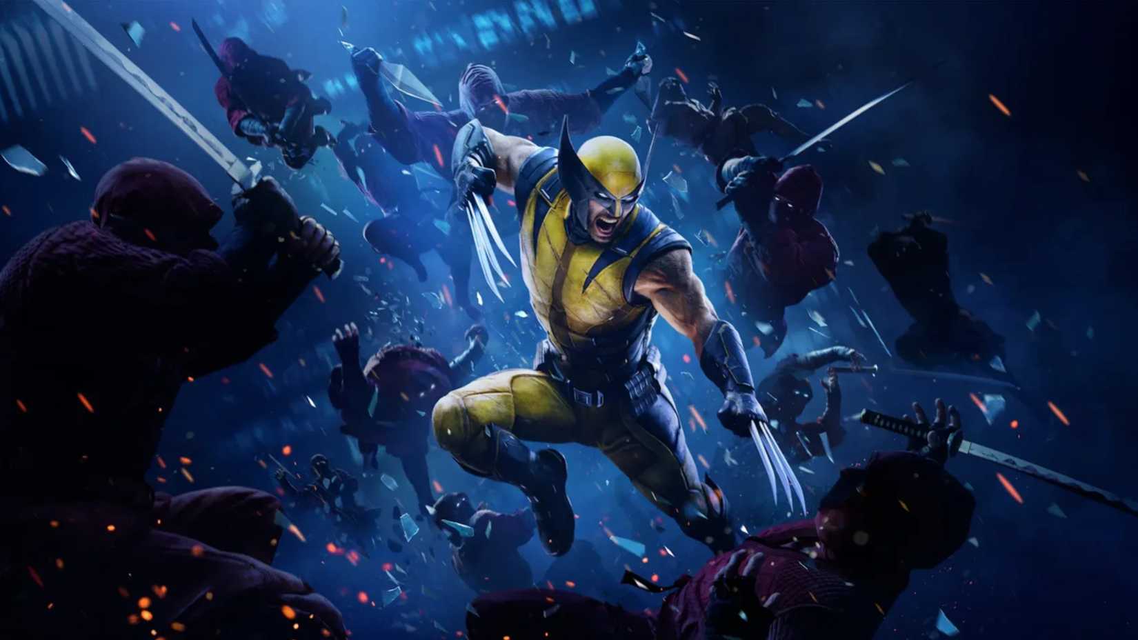 wolverine with his claws out surrounded by enemies.