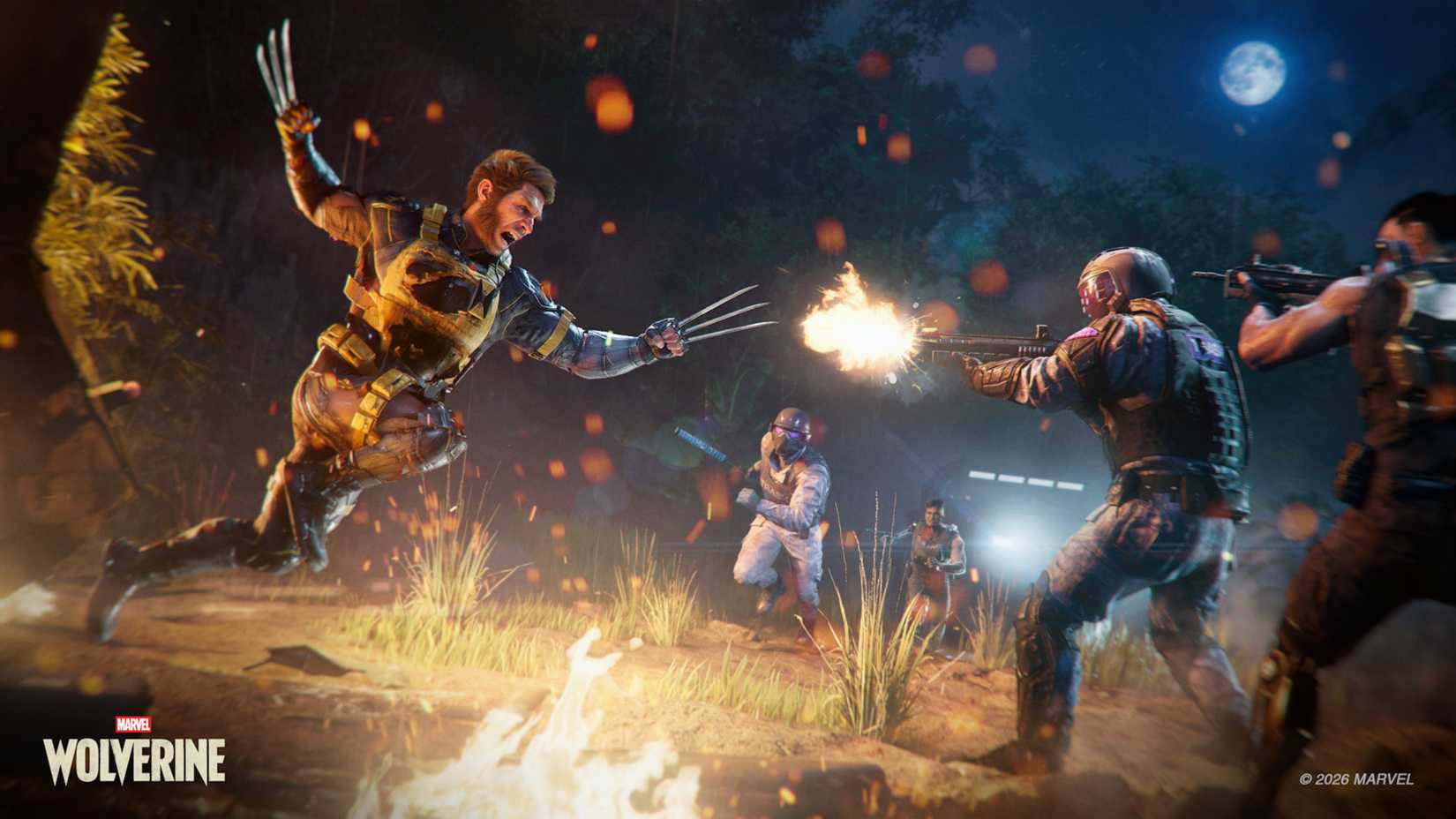 wolverine jumping towards soldiers with his claws out ready to attack them.