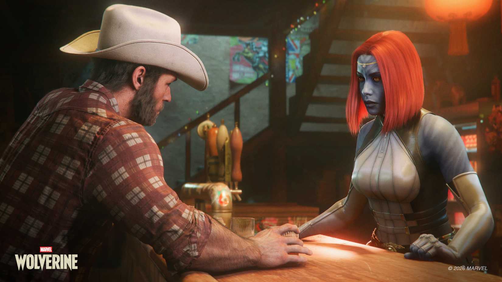 wolverine speaking to mystique at a bar.