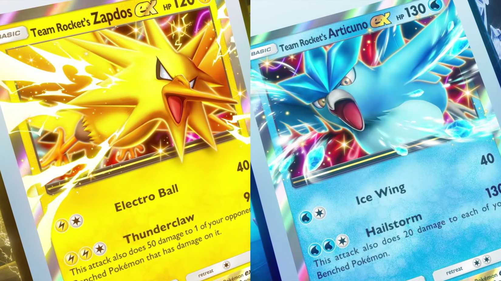 تیم ڕۆکێت zapdos و articuno ex cards لە گیرفانی tcg پۆبجی.