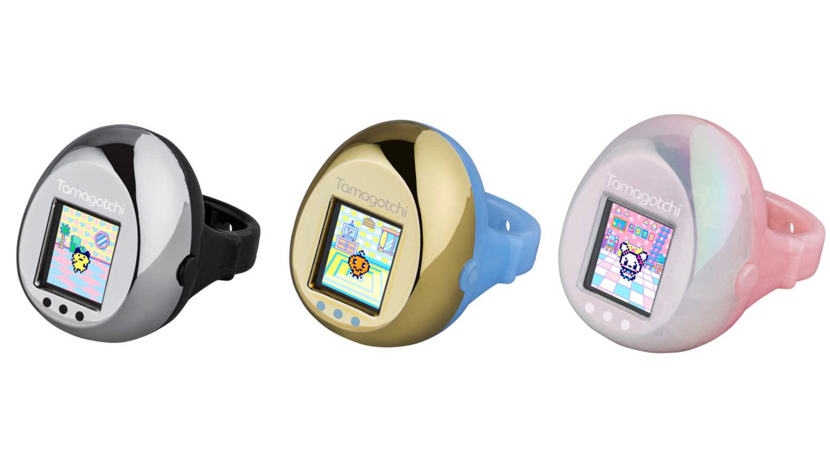 three tamagotchi ring designs.