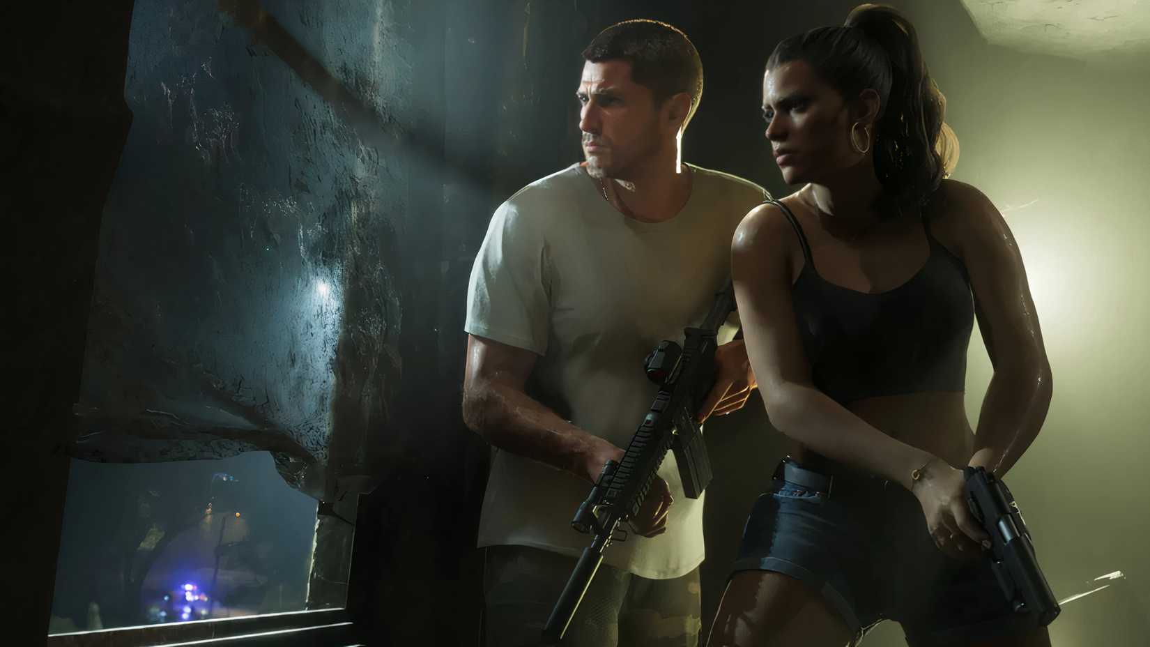 jason and lucia looking out a window in gta 6.