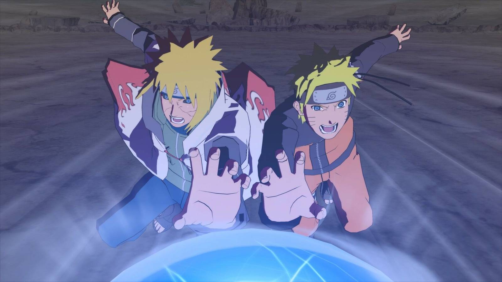 Naruto and Minato performing a Rasengan in Naruto Ultimate Ninja Storm Connections.