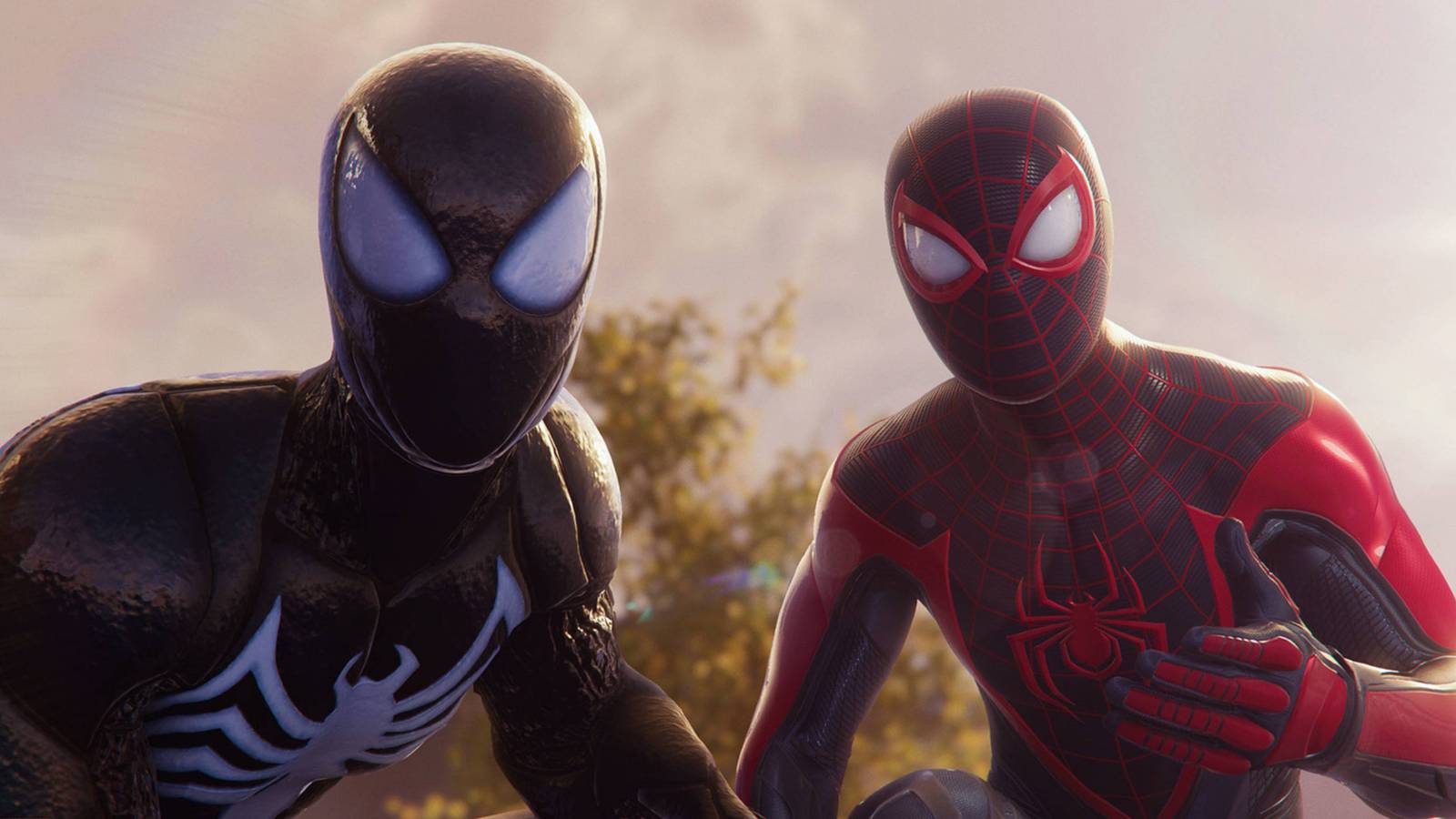 peter and miles looking down the camera in spider-man 2.