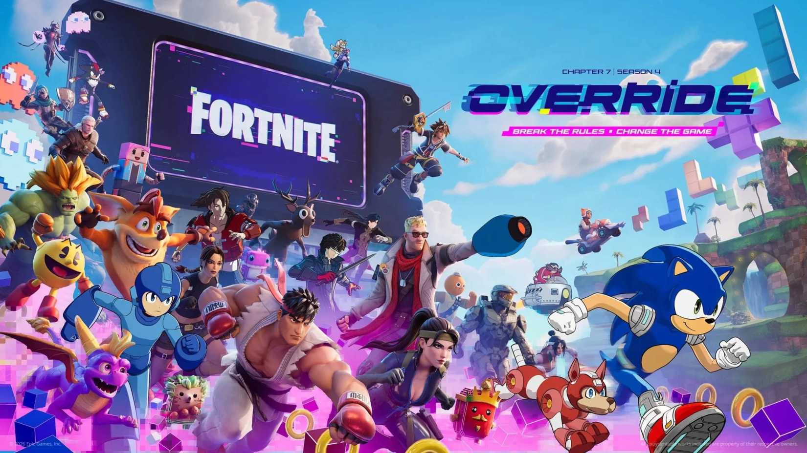 video game characters running together in fortnite.
