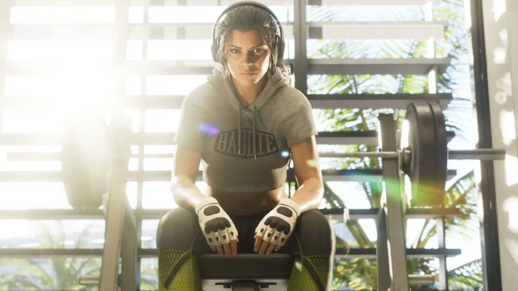 lucia sitting on a weight bench in gta 6.