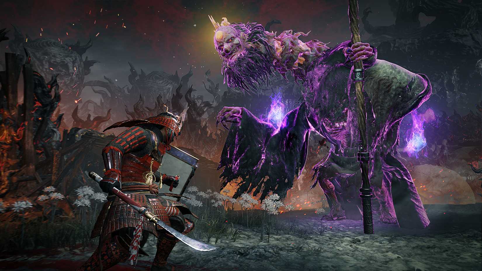 Takechiyo facing a scary Yokai in Nioh 3's Hell Rising DLC.